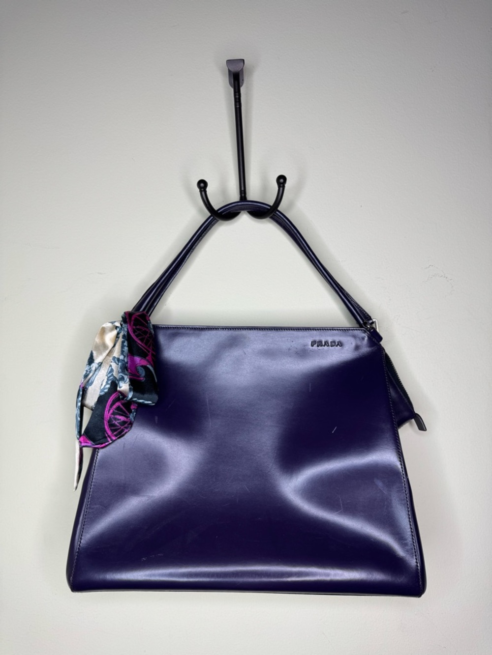 Prada Dark Purple Leather Shoulder Bag with Silk Accent